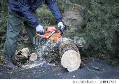 Middle male worker cutting trees with a chainsaw 84641721