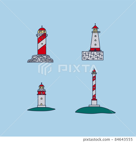 The lighthouse building set. Cartoon Houses near the port and the water. Illustrations of towers with a lantern for poster design. The lighthouse building set. Cartoon Houses near the port and the water. Illustrations of towers with a lantern for poster design. 84643555