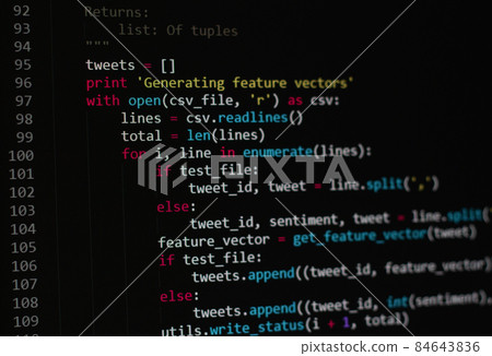 developer software source code on monitor screen. writing script of software developer. program coding. programmer editing code background. Technology background close up shot. developer software source code on monitor screen. writing script of software developer. program coding. programmer editing code background. Technology background close up shot. 84643836