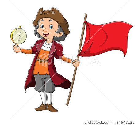 The columbus is holding a red flag and compass 84648123