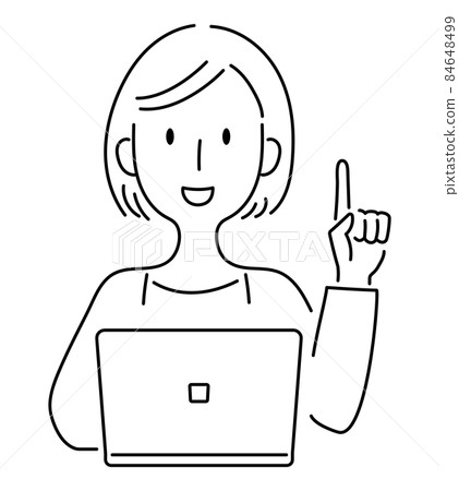 Hand-drawn style ・ Vector illustration of a woman explaining with a finger in front of a computer 84648499
