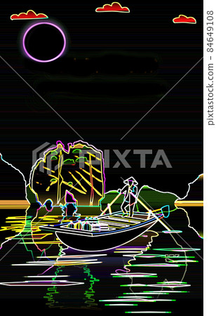 Halong Bay. Asian food seller on a boat. Neon... - Stock Illustration ...