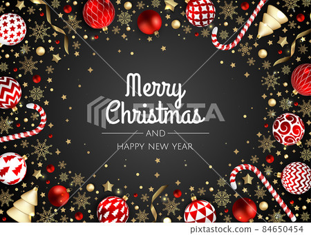 Merry Christmas and Happy New Year. Xmas Festive background with realistic 3d objects, blue and gold balls. Merry Christmas and Happy New Year. Xmas Festive background with realistic 3d objects, blue and gold balls. 84650454