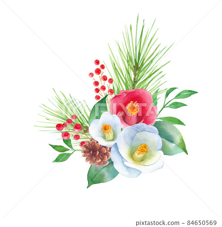 Watercolor illustration of red and white camellia New Year decorations. Pine, nandina and camellia flowers. Lucky thing. Watercolor illustration of red and white camellia New Year decorations. Pine, nandina and camellia flowers. Lucky thing. 84650569