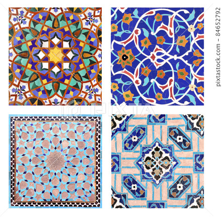 Set of pattern with detail of traditional persian mosaic wall with geometrical and floral ornament, Iran 84652792