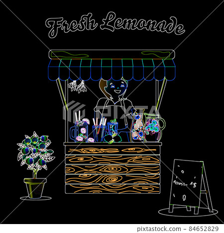 Rack with seller of fresh lemonade. Sketch, jars, jugs and citrus flower. Neon style drawing 84652829