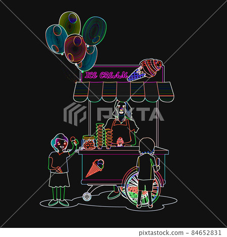 Illustration of kids buying ice cream at an ice cream stand. Pink and colorful ice cream selling machine. Neon style drawing 84652831