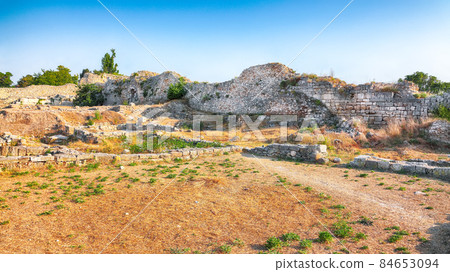 Awesome sunset over ruins of ancient city Tauric Chersonese - national historical and archaeological reserve. Awesome sunset over ruins of ancient city Tauric Chersonese - national historical and archaeological reserve. 84653094