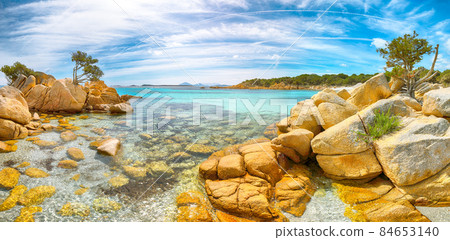 Enchanting view of Capriccioli beach in Costa Smeralda. Enchanting view of Capriccioli beach in Costa Smeralda. 84653140