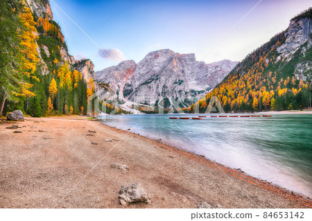 Astonishing scenery of famous alpine lake Braies at autumn. Astonishing scenery of famous alpine lake Braies at autumn. 84653142