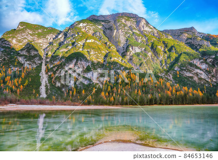 Awesome scenery of alpine lake Landro at autumn. Awesome scenery of alpine lake Landro at autumn. 84653146