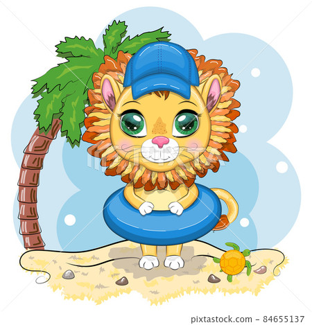 Cartoon lion in flippers, swimming circle, hat, glasses. Character with beautiful eyes, childish. Summer vacation concept 84655137