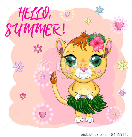 Cute little lion with wreath of hawaii flowers. Cartoon illustration. Beach with a palm tree, summer is coming card Cute little lion with wreath of hawaii flowers. Cartoon illustration. Beach with a palm tree, summer is coming card 84655162