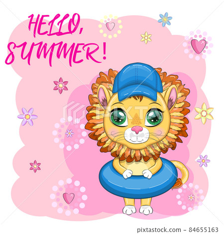 Cartoon lion in flippers, swimming circle, hat, glasses. Character with beautiful eyes, childish. Summer vacation concept Cartoon lion in flippers, swimming circle, hat, glasses. Character with beautiful eyes, childish. Summer vacation concept 84655163