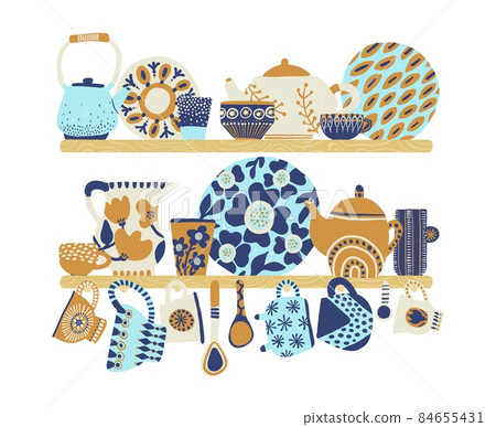Decorative tableware shelves. Cute rustic ceramic dishes blue and beige colors, patterned cups, ornamental teapots and jug, retro faience goods, kitchen pottery composition vector set 84655431