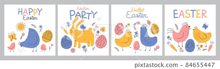 Funny easter posters. Cute patterned eggs, color chickens and bunny, spring holiday symbol, cartoon rustic happy characters, doodle domestic rural birds, vector greeting cards Funny easter posters. Cute patterned eggs, color chickens and bunny, spring holiday symbol, cartoon rustic happy characters, doodle domestic rural birds, vector greeting cards 84655447