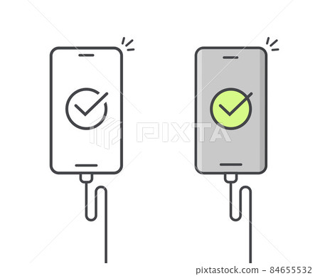 Cell phone charger connected icon or mobile smartphone recharge with usb cable line outline art illustration with check mark on screen, cellphone adapter plug isolated Cell phone charger connected icon or mobile smartphone recharge with usb cable line outline art illustration with check mark on screen, cellphone adapter plug isolated 84655532