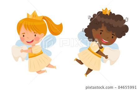 Little Tooth Fairy with baby tooth set. Lovely winged girls in golden crowns cartoon vector illustration 84655991