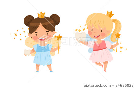 Happy little Tooth Fairy with baby teeth set. Lovely girls with wings wearing golden crown with magic wands cartoon vector illustration Happy little Tooth Fairy with baby teeth set. Lovely girls with wings wearing golden crown with magic wands cartoon vector illustration 84656022