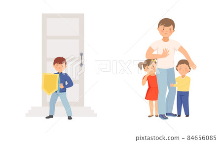 Father protecting his children doing stop sign gesture. Cute little boy protecting his home vector illustration Father protecting his children doing stop sign gesture. Cute little boy protecting his home vector illustration 84656085