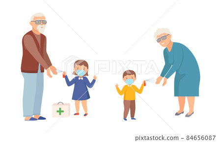 Little kids in face mask spraying hands of grandpa and grandma with sanitizer vector illustration Little kids in face mask spraying hands of grandpa and grandma with sanitizer vector illustration 84656087