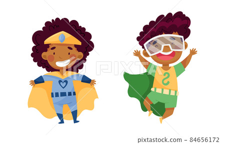 Happy african american girl and boy wearing colorful superheroes costumes set. Kids having fun at carnival or birthday party cartoon vector illustration Happy african american girl and boy wearing colorful superheroes costumes set. Kids having fun at carnival or birthday party cartoon vector illustration 84656172