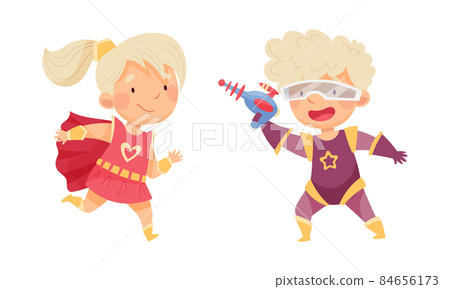 Happy little girl and boy wearing colorful superheroes costumes set. Kids playing and having fun at carnival or birthday party cartoon vector illustration 84656173
