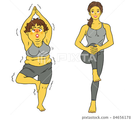 Stretching, yoga, fitness instructor female and chubby female 84656178