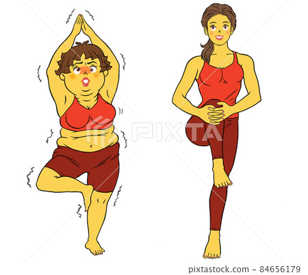 Stretching, yoga, fitness instructor female and chubby female Stretching, yoga, fitness instructor female and chubby female 84656179