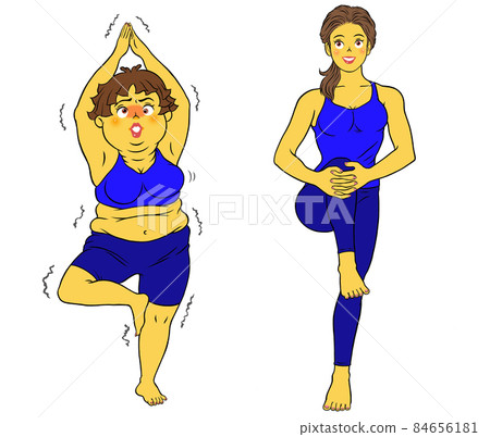 Stretching, yoga, fitness instructor female and chubby female Stretching, yoga, fitness instructor female and chubby female 84656181