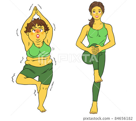 Stretching, yoga, fitness instructor female and chubby female Stretching, yoga, fitness instructor female and chubby female 84656182
