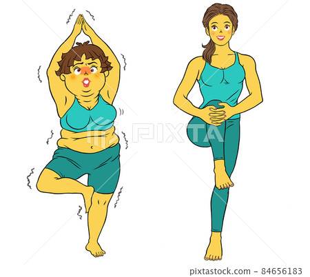 Stretching, yoga, fitness instructor female and chubby female Stretching, yoga, fitness instructor female and chubby female 84656183