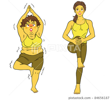 Stretching, yoga, fitness instructor female and chubby female Stretching, yoga, fitness instructor female and chubby female 84656187