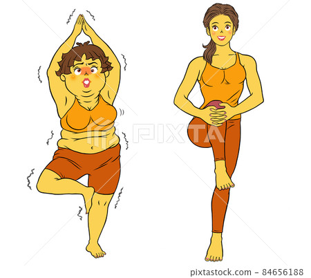 Stretching, yoga, fitness instructor female and chubby female 84656188
