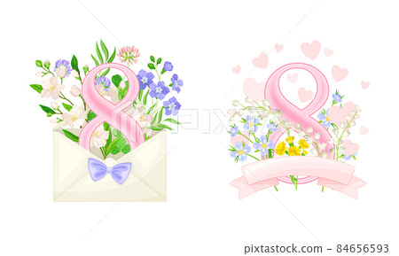 8 March International Womens Day cards design set. Pink number 8 with wild spring flowers vector illustration 8 March International Womens Day cards design set. Pink number 8 with wild spring flowers vector illustration 84656593