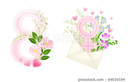 8 March International Womens Day cards design set. Number 8 and gender female sign with spring flowers vector illustration 84656594