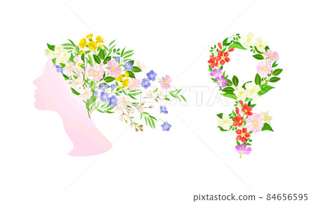 8 March International Womens Day cards design set. Gender female sign and woman profile with hair made of spring flowers vector illustration 8 March International Womens Day cards design set. Gender female sign and woman profile with hair made of spring flowers vector illustration 84656595