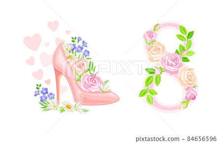 8 March International Womens Day cards design set. Number 8 and high heel shoe with spring flowers vector illustration 8 March International Womens Day cards design set. Number 8 and high heel shoe with spring flowers vector illustration 84656596