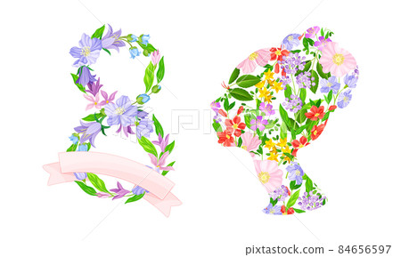 8 March International Womens Day cards design set. Number 8 and woman profile made of spring flowers vector illustration 84656597