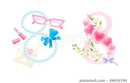 8 March International Womens Day cards design set. Pink number 8 with spring flowers, glasses, lipstick and beads vector illustration 84656599