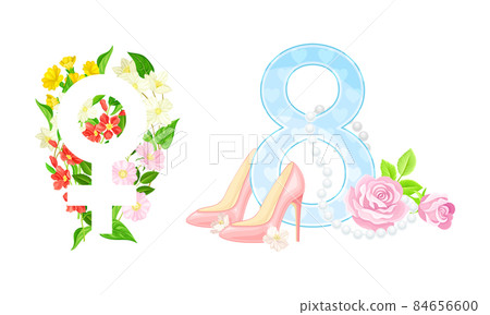 8 March International Womens Day cards design set. Number 8 with bouquet of spring flowers, high heel shoe and gender female sign vector illustration 8 March International Womens Day cards design set. Number 8 with bouquet of spring flowers, high heel shoe and gender female sign vector illustration 84656600