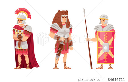 Ancient roman warriors set. Soldiers in armour cartoon vector illustration 84656711