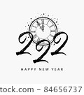 2022 new year card, banner. Beautiful greeting poster calligraphy text words clock chimes stars. Hand drawn design elements. Handwritten modern brush lettering on black background isolated vector 84656737