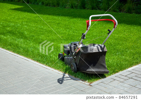 gasoline engine lawn mower for landscaping and backyard lawn mowing, gardening equipment on green grass surrounded by stone sidewalk walkway on sunny summer day rear view with copy space, nobody. 84657291
