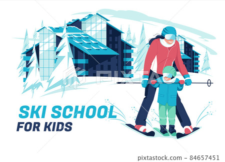 Ski school concept. A woman learns to ski to a child against a winter background of a mountain landscape and a hotel. Vector flat cartoon illustration. Ski school concept. A woman learns to ski to a child against a winter background of a mountain landscape and a hotel. Vector flat cartoon illustration. 84657451