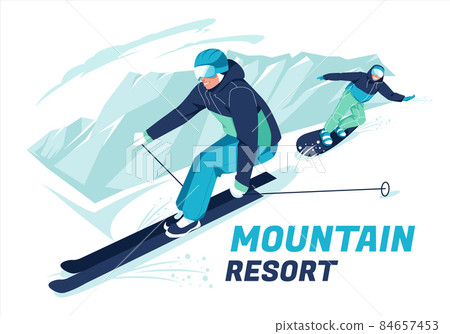 Scene of skier and snowboarder skiing on snow-covered mountain slopes or slopes. Outdoor winter sports. Cartoon flat vector illustration. 84657453