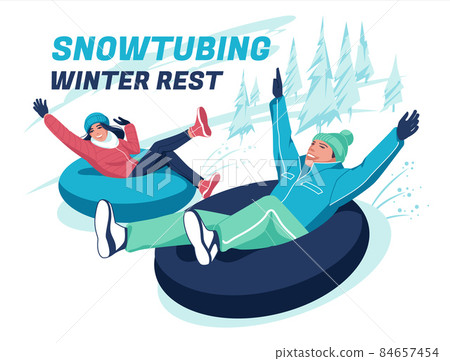 A man and a woman drove down the hills on snowtubes. Happy smiling. Winter sports and mountain resort concept. Cartoon flat vector illustration. A man and a woman drove down the hills on snowtubes. Happy smiling. Winter sports and mountain resort concept. Cartoon flat vector illustration. 84657454
