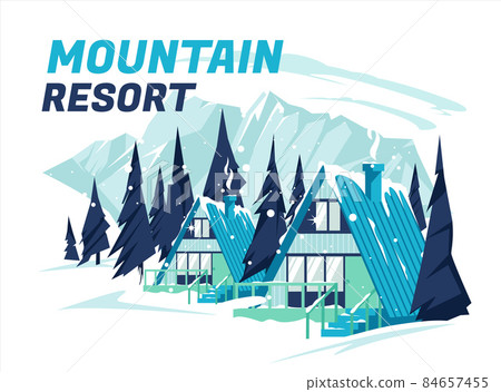 Winter snowy mountain landscape and houses on vector background with snowflakes falling from the sky. Accommodation in a ski resort winter landscape of cold weather among conifers 84657455
