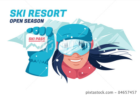 Portrait of ski athlete woman smiling in winter sports equipment. Who holds the ski pass against the backdrop of snowy mountains. Flat vector cartoon illustration Portrait of ski athlete woman smiling in winter sports equipment. Who holds the ski pass against the backdrop of snowy mountains. Flat vector cartoon illustration 84657457
