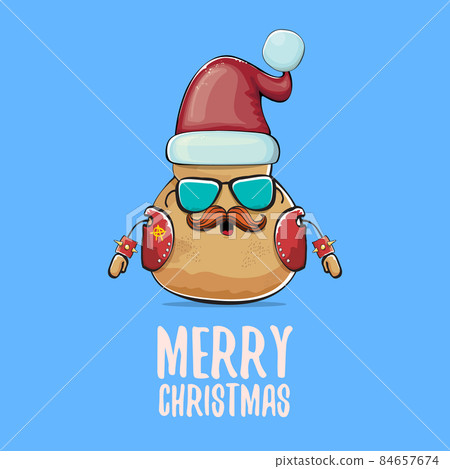 vector rock star Santa potato funny cartoon cute character with red Santa hat and calligraphic merry Christmas text isolated on blue background. Christmas party poster or card 84657674